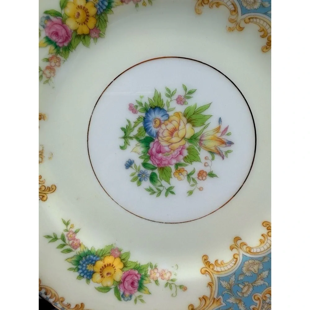 Noritake Bantry Fine China Luncheon Plate Blue Floral Gold Trim